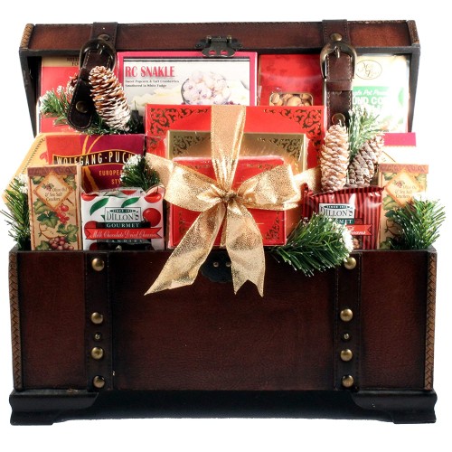 The V.I.P, Large Gourmet Gift Basket in Wooden Trunk with Chocolates, Cookies, Meats, Cheeses, Coffees, Candies, Cakes and Other Holiday Favorites (Medium), 32 Pounds The V.I.P, Large Gourmet Gift Basket in Wooden Trunk with Chocolates, Cookies, Meats, Cheeses, Coffees, Candies, Cakes and Other Holiday Favorites (Medium), 32 Pounds